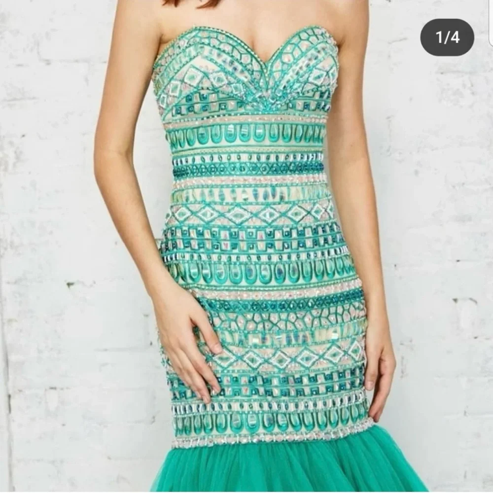 Prom green  Strapless Beaded Gown - Picture 3 of 8